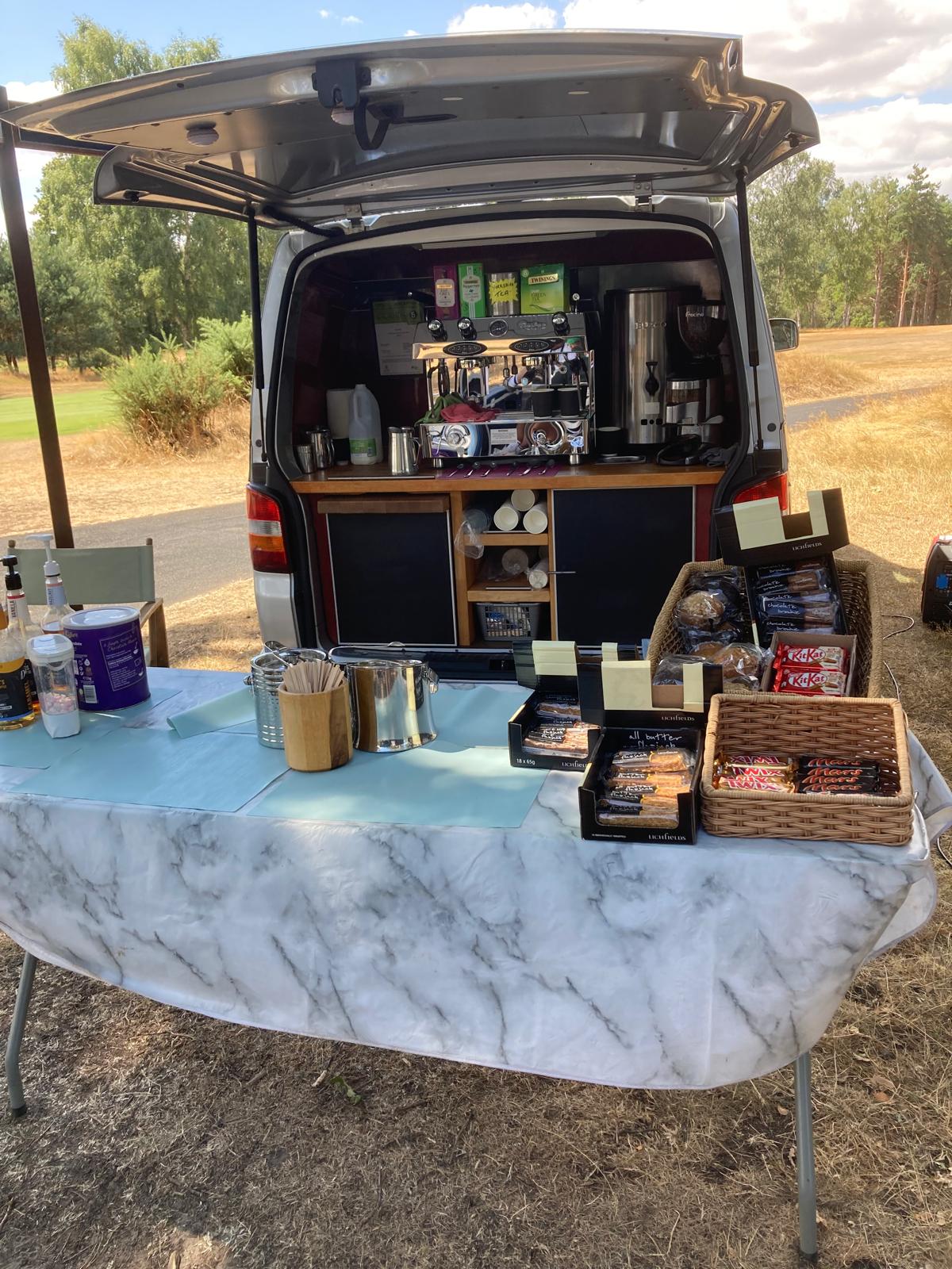 Recent Coffee Cab refreshment table with espresso machine and cakes